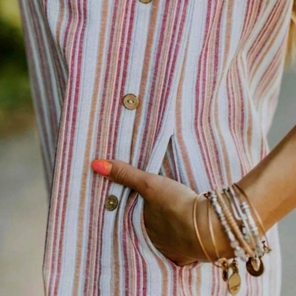 Roolee Striped Cotton Linine Button Side Hipster Woven Midi Dress w/ Pockets - Picture 3 of 16